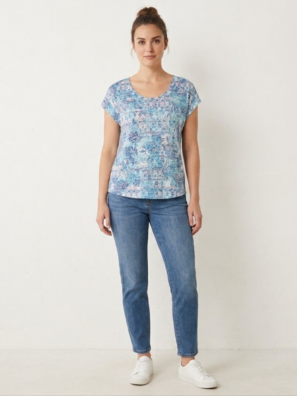 ​Coral Bay Tropical Floral Geometric Knit Top Cap Sleeve Blue Teal Size PM